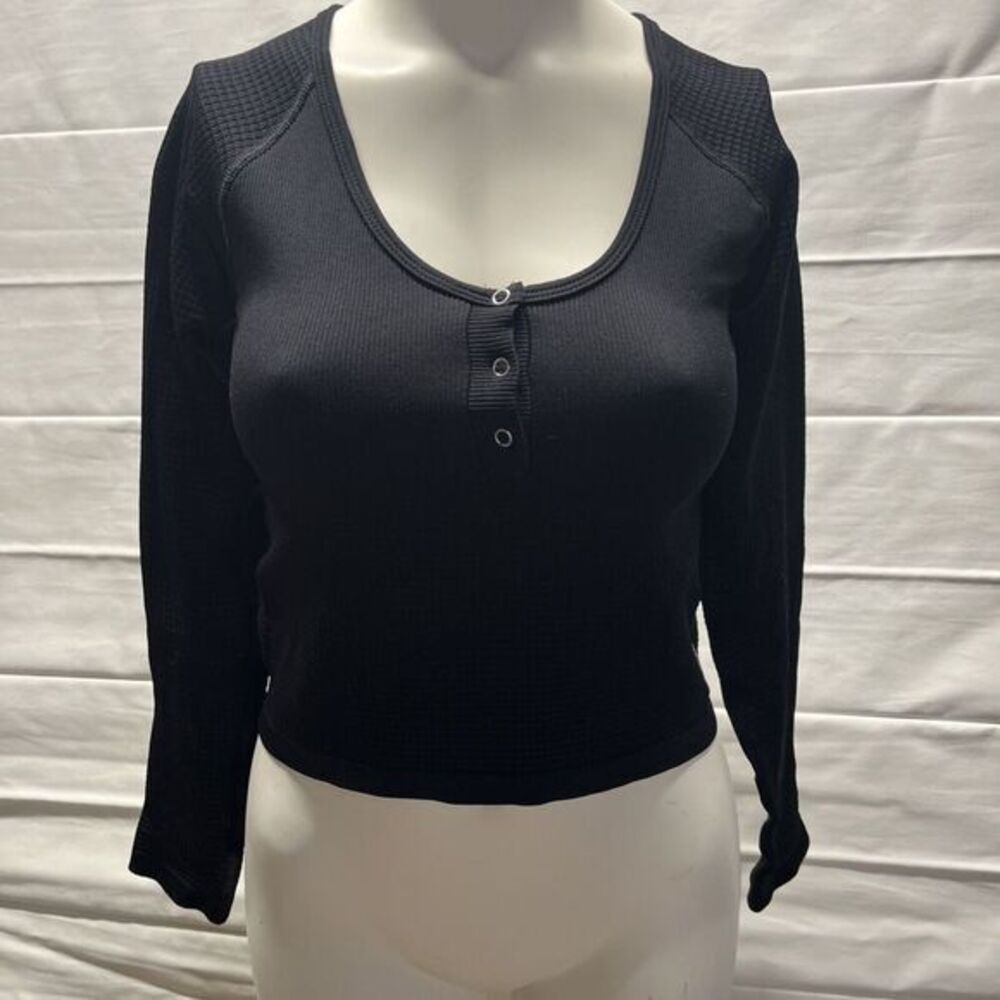 Free People Blouse Ribbed Crop Top Sz M/L Black Knit Long Sleeve Open Back NWT